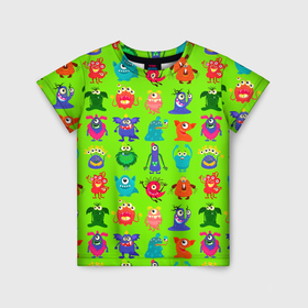 Детская футболка 3D с принтом Разноцветные монстрики в Санкт-Петербурге, 100% гипоаллергенный полиэфир | прямой крой, круглый вырез горловины, длина до линии бедер, чуть спущенное плечо, ткань немного тянется | 