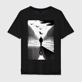 Мужская футболка хлопок Oversize с принтом Одинокий человек , 100% хлопок | свободный крой, круглый ворот, “спинка” длиннее передней части | 