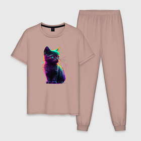 Мужская пижама хлопок с принтом Маленький котенок в неоновом свете в Кировске, 100% хлопок | брюки и футболка прямого кроя, без карманов, на брюках мягкая резинка на поясе и по низу штанин
 | 