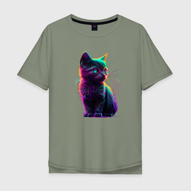 Мужская футболка хлопок Oversize с принтом Маленький котенок в неоновом свете в Кировске, 100% хлопок | свободный крой, круглый ворот, “спинка” длиннее передней части | 