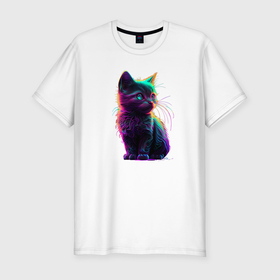 Мужская футболка хлопок Slim с принтом Маленький котенок в неоновом свете в Кировске, 92% хлопок, 8% лайкра | приталенный силуэт, круглый вырез ворота, длина до линии бедра, короткий рукав | 