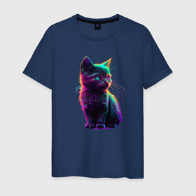 Мужская футболка хлопок с принтом Маленький котенок в неоновом свете в Кировске, 100% хлопок | прямой крой, круглый вырез горловины, длина до линии бедер, слегка спущенное плечо. | 