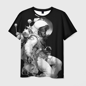 Мужская футболка 3D с принтом Девушка астронавт в Новосибирске, 100% полиэфир | прямой крой, круглый вырез горловины, длина до линии бедер | 
