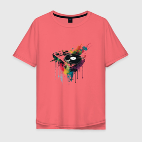 Мужская футболка хлопок Oversize с принтом Симпатичный проигрыватель в красках в Белгороде, 100% хлопок | свободный крой, круглый ворот, “спинка” длиннее передней части | 