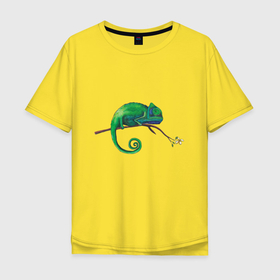 Мужская футболка хлопок Oversize с принтом зеленый друг хамелеон в Санкт-Петербурге, 100% хлопок | свободный крой, круглый ворот, “спинка” длиннее передней части | Тематика изображения на принте: 