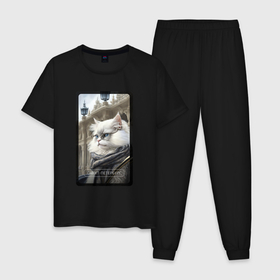 Мужская пижама хлопок с принтом Санкт Петербург котик в Санкт-Петербурге, 100% хлопок | брюки и футболка прямого кроя, без карманов, на брюках мягкая резинка на поясе и по низу штанин
 | Тематика изображения на принте: 