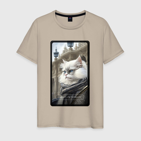 Мужская футболка хлопок с принтом Санкт Петербург котик в Новосибирске, 100% хлопок | прямой крой, круглый вырез горловины, длина до линии бедер, слегка спущенное плечо. | Тематика изображения на принте: 