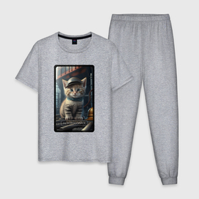 Мужская пижама хлопок с принтом Новороссийск котик в Кировске, 100% хлопок | брюки и футболка прямого кроя, без карманов, на брюках мягкая резинка на поясе и по низу штанин
 | 