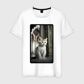 Мужская футболка хлопок с принтом Грозный котик в Санкт-Петербурге, 100% хлопок | прямой крой, круглый вырез горловины, длина до линии бедер, слегка спущенное плечо. | 