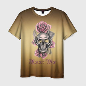 Мужская футболка 3D с принтом Череп в пыльно розовых цветах , 100% полиэфир | прямой крой, круглый вырез горловины, длина до линии бедер | Тематика изображения на принте: 