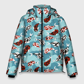 Мужская зимняя куртка 3D с принтом Карпы кои   паттерн в Новосибирске, верх — 100% полиэстер; подкладка — 100% полиэстер; утеплитель — 100% полиэстер | длина ниже бедра, свободный силуэт Оверсайз. Есть воротник-стойка, отстегивающийся капюшон и ветрозащитная планка. 

Боковые карманы с листочкой на кнопках и внутренний карман на молнии. | Тематика изображения на принте: 