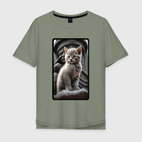 Мужская футболка хлопок Oversize с принтом Волгоград котик в Курске, 100% хлопок | свободный крой, круглый ворот, “спинка” длиннее передней части | Тематика изображения на принте: 