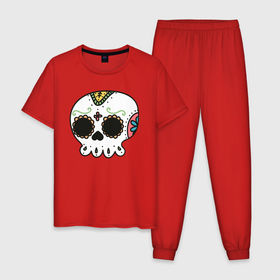 Мужская пижама хлопок с принтом Добрый мексиканский череп в Белгороде, 100% хлопок | брюки и футболка прямого кроя, без карманов, на брюках мягкая резинка на поясе и по низу штанин
 | 