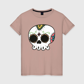 Женская футболка хлопок с принтом Добрый мексиканский череп в Тюмени, 100% хлопок | прямой крой, круглый вырез горловины, длина до линии бедер, слегка спущенное плечо | Тематика изображения на принте: 