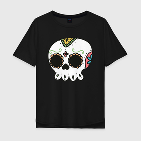 Мужская футболка хлопок Oversize с принтом Добрый мексиканский череп в Белгороде, 100% хлопок | свободный крой, круглый ворот, “спинка” длиннее передней части | Тематика изображения на принте: 
