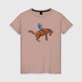 Женская футболка хлопок с принтом Наездник и конь вместе в Петрозаводске, 100% хлопок | прямой крой, круглый вырез горловины, длина до линии бедер, слегка спущенное плечо | 