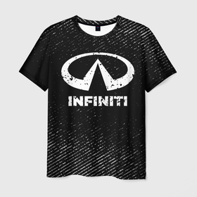 Мужская футболка 3D с принтом Infiniti с потертостями на темном фоне , 100% полиэфир | прямой крой, круглый вырез горловины, длина до линии бедер | 