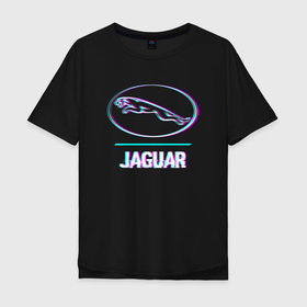 Мужская футболка хлопок Oversize с принтом Значок Jaguar в стиле glitch в Тюмени, 100% хлопок | свободный крой, круглый ворот, “спинка” длиннее передней части | 