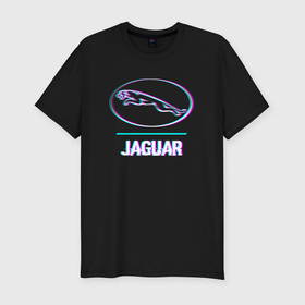 Мужская футболка хлопок Slim с принтом Значок Jaguar в стиле glitch в Новосибирске, 92% хлопок, 8% лайкра | приталенный силуэт, круглый вырез ворота, длина до линии бедра, короткий рукав | 