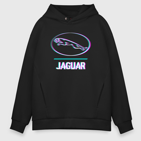 Мужское худи Oversize хлопок с принтом Значок Jaguar в стиле glitch в Курске, френч-терри — 70% хлопок, 30% полиэстер. Мягкий теплый начес внутри —100% хлопок | боковые карманы, эластичные манжеты и нижняя кромка, капюшон на магнитной кнопке | 