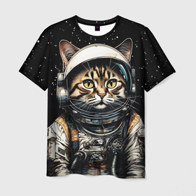Мужская футболка 3D с принтом Кот космический турист в Кировске, 100% полиэфир | прямой крой, круглый вырез горловины, длина до линии бедер | 