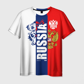 Мужская футболка 3D с принтом Russia national team: white blue red в Новосибирске, 100% полиэфир | прямой крой, круглый вырез горловины, длина до линии бедер | 