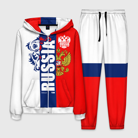 Мужской костюм 3D с принтом Russia national team: white blue red в Санкт-Петербурге, 100% полиэстер | Манжеты и пояс оформлены тканевой резинкой, двухслойный капюшон со шнурком для регулировки, карманы спереди | 