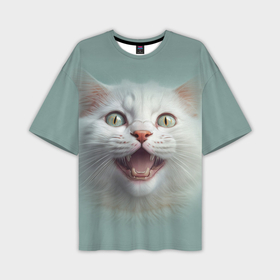 Мужская футболка oversize 3D с принтом Довольный белый котенок в Кировске,  |  | Тематика изображения на принте: 