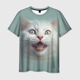 Мужская футболка 3D с принтом Довольный белый котенок в Петрозаводске, 100% полиэфир | прямой крой, круглый вырез горловины, длина до линии бедер | 
