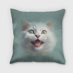 Подушка 3D с принтом Довольный белый котенок в Тюмени, наволочка – 100% полиэстер, наполнитель – холлофайбер (легкий наполнитель, не вызывает аллергию). | состоит из подушки и наволочки. Наволочка на молнии, легко снимается для стирки | Тематика изображения на принте: 