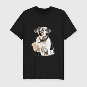 Мужская футболка хлопок Slim с принтом Собака акварелью в Новосибирске, 92% хлопок, 8% лайкра | приталенный силуэт, круглый вырез ворота, длина до линии бедра, короткий рукав | 