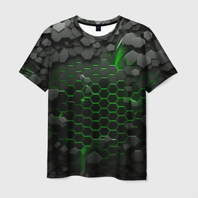 Мужская футболка 3D с принтом Взрыв зеленых плит в Новосибирске, 100% полиэфир | прямой крой, круглый вырез горловины, длина до линии бедер | Тематика изображения на принте: 