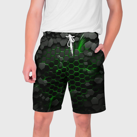 Мужские шорты 3D с принтом Взрыв зеленых плит в Новосибирске,  полиэстер 100% | прямой крой, два кармана без застежек по бокам. Мягкая трикотажная резинка на поясе, внутри которой широкие завязки. Длина чуть выше колен | 