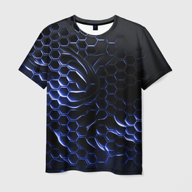 Мужская футболка 3D с принтом Синие объемные плиты в Петрозаводске, 100% полиэфир | прямой крой, круглый вырез горловины, длина до линии бедер | 
