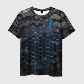 Мужская футболка 3D с принтом Взрыв синих плит в Екатеринбурге, 100% полиэфир | прямой крой, круглый вырез горловины, длина до линии бедер | 