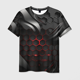 Мужская футболка 3D с принтом Металлические пластины и красные плиты в Тюмени, 100% полиэфир | прямой крой, круглый вырез горловины, длина до линии бедер | Тематика изображения на принте: 