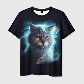 Мужская футболка 3D с принтом Котик с молниями в Санкт-Петербурге, 100% полиэфир | прямой крой, круглый вырез горловины, длина до линии бедер | 