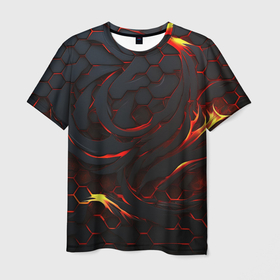 Мужская футболка 3D с принтом Огненные разломленные плиты в Екатеринбурге, 100% полиэфир | прямой крой, круглый вырез горловины, длина до линии бедер | 