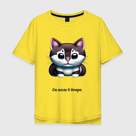 Мужская футболка хлопок Oversize с принтом Толстый котик ест после 6 в Курске, 100% хлопок | свободный крой, круглый ворот, “спинка” длиннее передней части | 