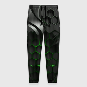 Мужские брюки 3D с принтом черные плиты и зеленая сетка , 100% полиэстер | манжеты по низу, эластичный пояс регулируется шнурком, по бокам два кармана без застежек, внутренняя часть кармана из мелкой сетки | 