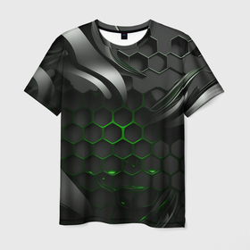 Мужская футболка 3D с принтом черные плиты и зеленая сетка в Кировске, 100% полиэфир | прямой крой, круглый вырез горловины, длина до линии бедер | Тематика изображения на принте: 