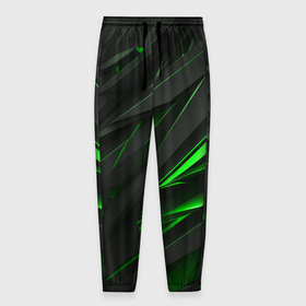Мужские брюки 3D с принтом черные объекты в зеленым свечением , 100% полиэстер | манжеты по низу, эластичный пояс регулируется шнурком, по бокам два кармана без застежек, внутренняя часть кармана из мелкой сетки | 