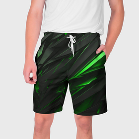 Мужские шорты 3D с принтом черные объекты в зеленым свечением в Белгороде,  полиэстер 100% | прямой крой, два кармана без застежек по бокам. Мягкая трикотажная резинка на поясе, внутри которой широкие завязки. Длина чуть выше колен | 