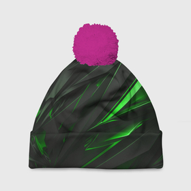 Шапка 3D c помпоном с принтом черные объекты в зеленым свечением в Белгороде, 100% полиэстер | универсальный размер, печать по всей поверхности изделия | 