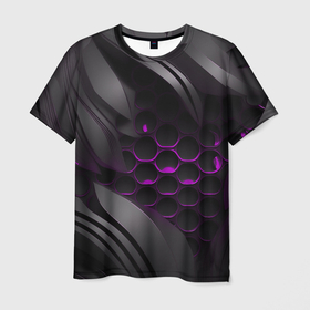 Мужская футболка 3D с принтом Черные объекты с фиолетовой сеткой в Белгороде, 100% полиэфир | прямой крой, круглый вырез горловины, длина до линии бедер | 