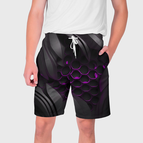 Мужские шорты 3D с принтом Черные объекты с фиолетовой сеткой в Белгороде,  полиэстер 100% | прямой крой, два кармана без застежек по бокам. Мягкая трикотажная резинка на поясе, внутри которой широкие завязки. Длина чуть выше колен | 