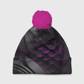 Шапка 3D c помпоном с принтом Черные объекты с фиолетовой сеткой в Белгороде, 100% полиэстер | универсальный размер, печать по всей поверхности изделия | 