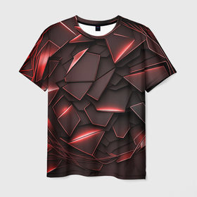 Мужская футболка 3D с принтом Красные элементы с неоновым свечением в Кировске, 100% полиэфир | прямой крой, круглый вырез горловины, длина до линии бедер | 