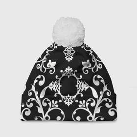 Шапка 3D c помпоном с принтом Белый семетричный узор на черном фоне в Санкт-Петербурге, 100% полиэстер | универсальный размер, печать по всей поверхности изделия | 