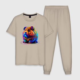 Мужская пижама хлопок с принтом Разноцветный хомяк в стиле synthwave в Курске, 100% хлопок | брюки и футболка прямого кроя, без карманов, на брюках мягкая резинка на поясе и по низу штанин
 | 